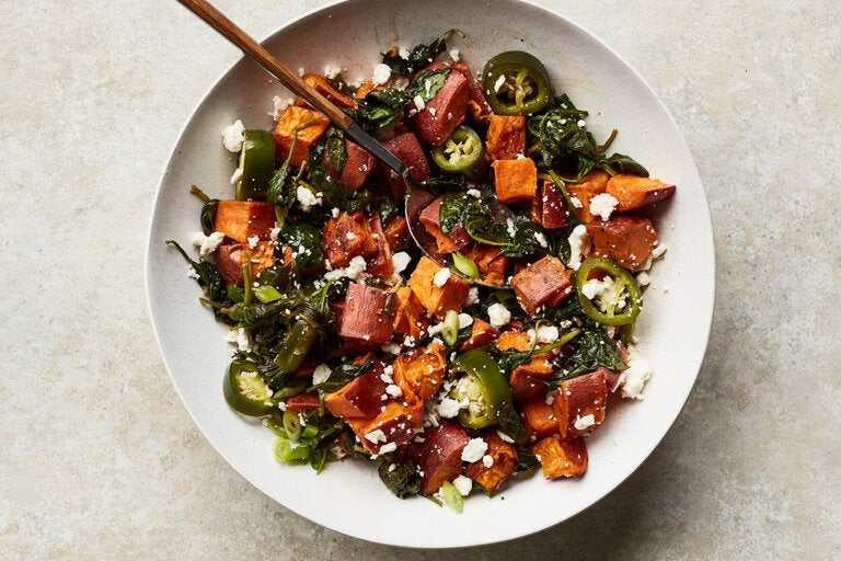 Roasted Sweet Potatoes and Spinach With Feta